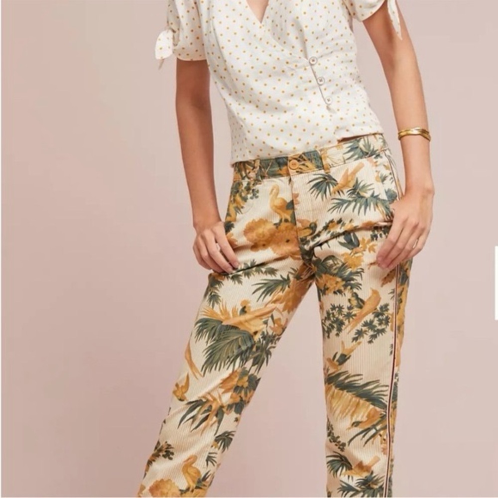 Anthropologie Floral Straight Leg Jeans - Cream and Green